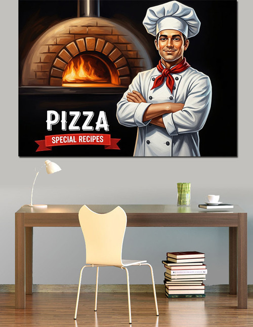Pizza Fırını Ve Şef Aşçı İllüstrasyonu Dekoratif Kanvas - Mdf Ahşap Tablo