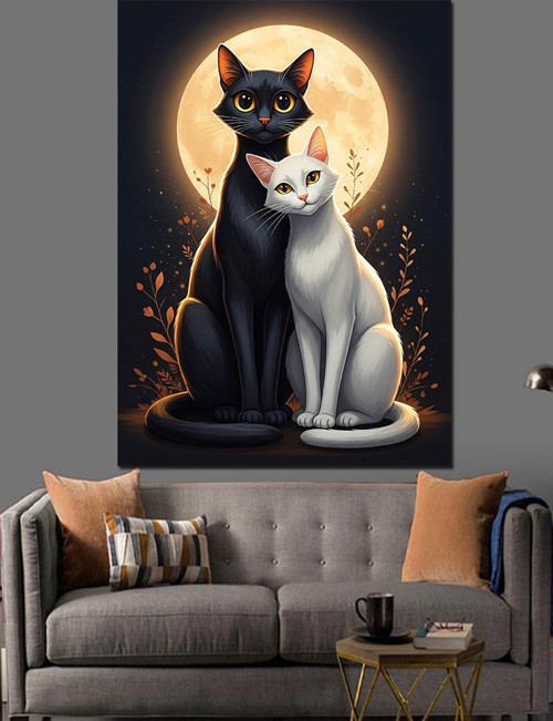 Ay Altında İki Kedi Çift Dekoratif Kanvas - Mdf Ahşap Tablo