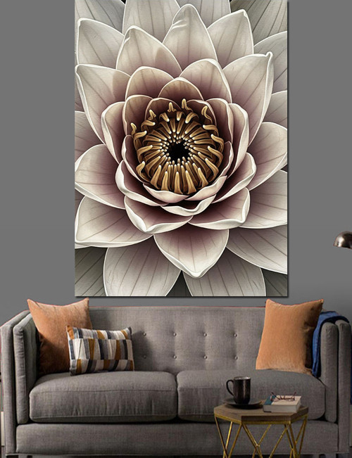 Gri Lotus Çiçeği Deseni Dekoratif Kanvas - Mdf Ahşap Tablo