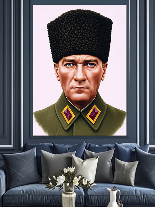 Kalpaklı Atatürk Portre Çizimi Dekoratif Kanvas - Mdf Ahşap Tablo