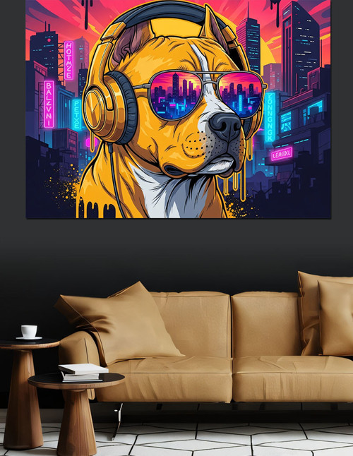 Kulaklıklı Müzik Dinleyen Köpek Dekoratif Kanvas - Mdf Ahşap Tablo