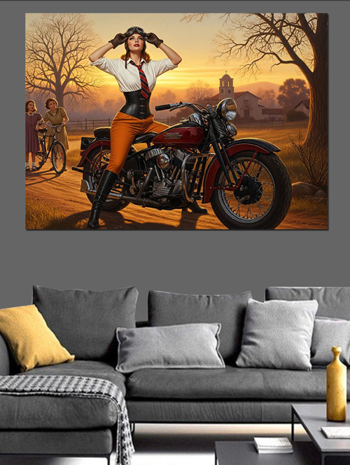 Retro Motorcu Kadın Dekoratif Kanvas - Mdf Ahşap Tablo