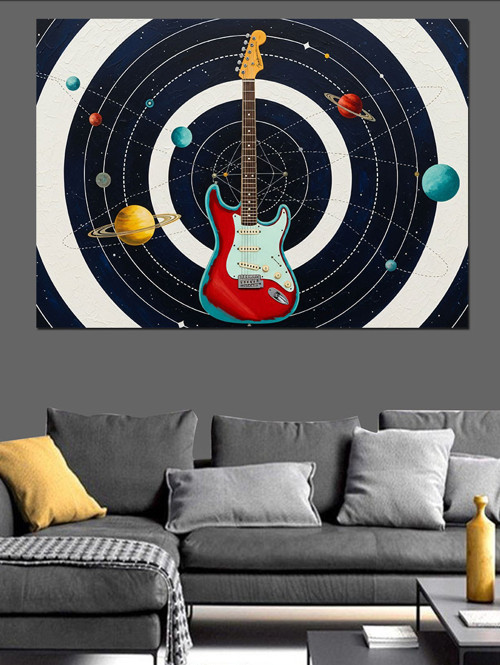 Gitar Çevresinde Müzik Notaları Dekoratif Kanvas - Mdf Ahşap Tablo