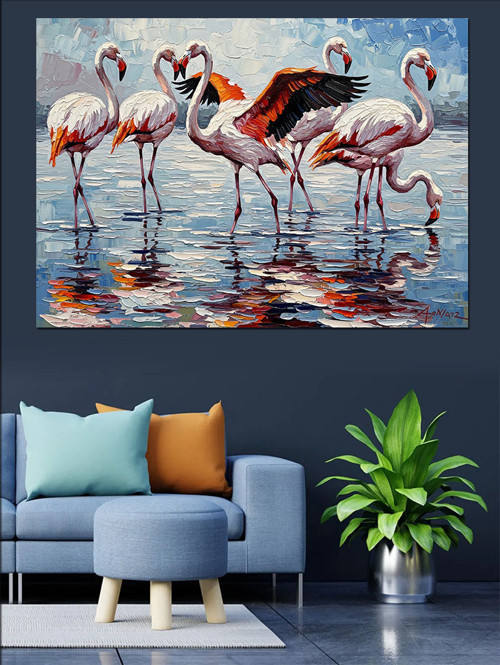 Suda Yürüyen Flamingo Sürüsü Dekoratif Kanvas - Mdf Ahşap Tablo