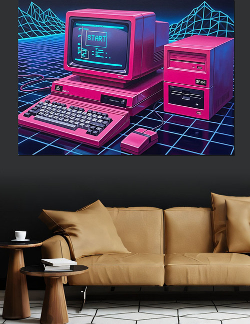 Neon Pembe Eski Bilgisayar Dekoratif Kanvas - Mdf Ahşap Tablo