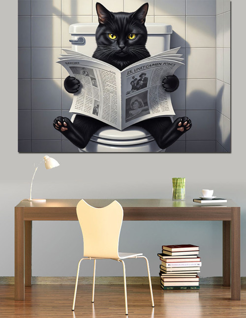 Tuvalette Gazete Okuyan Kedi Dekoratif Kanvas - Mdf Ahşap Tablo