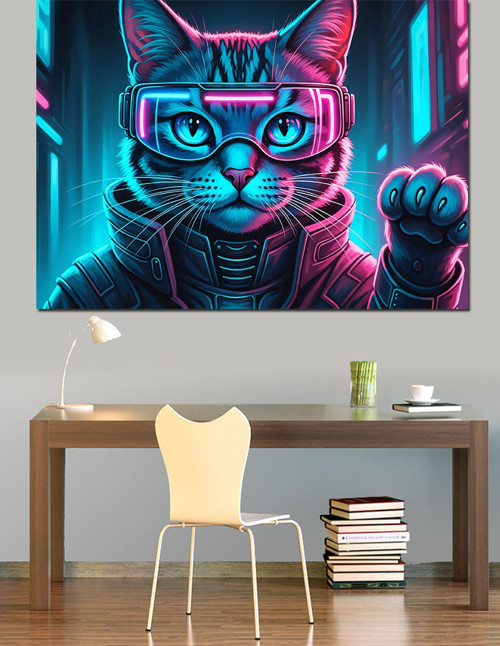Neon Gözlüklü Siber Kedi Dekoratif Kanvas - Mdf Ahşap Tablo