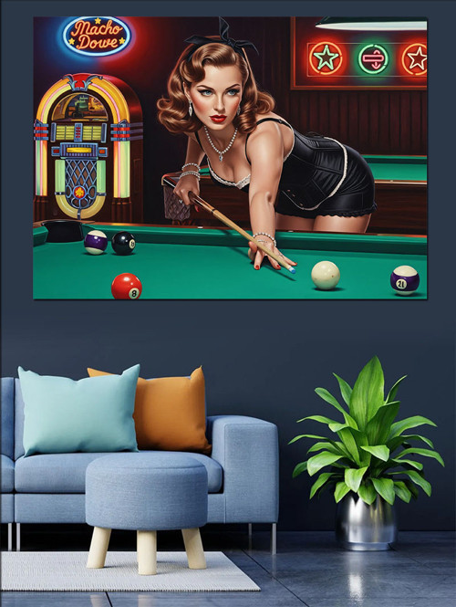 Bilardo Oynayan Retro Kadın Dekoratif Kanvas - Mdf Ahşap Tablo