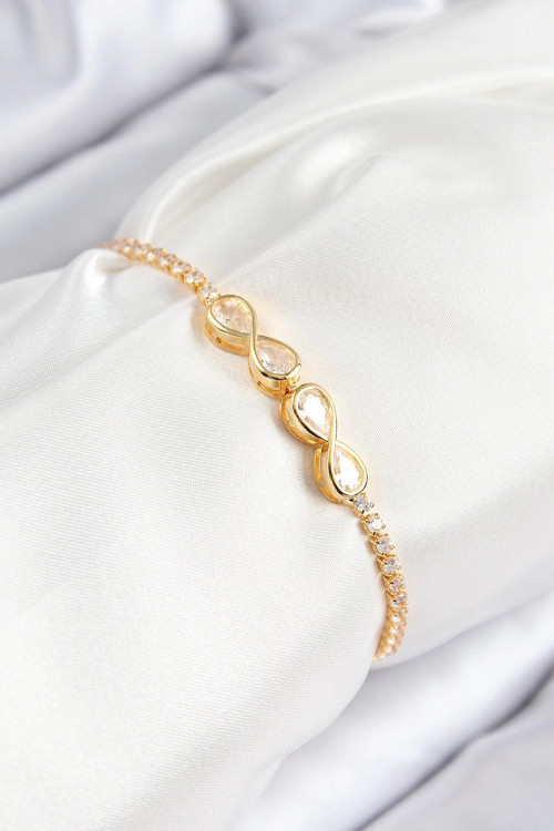 Pirinç Zirkon Taşlı Sonsuzluk Model Gold Renk Asansörlü Kadın Bileklik - TJ-BB7721