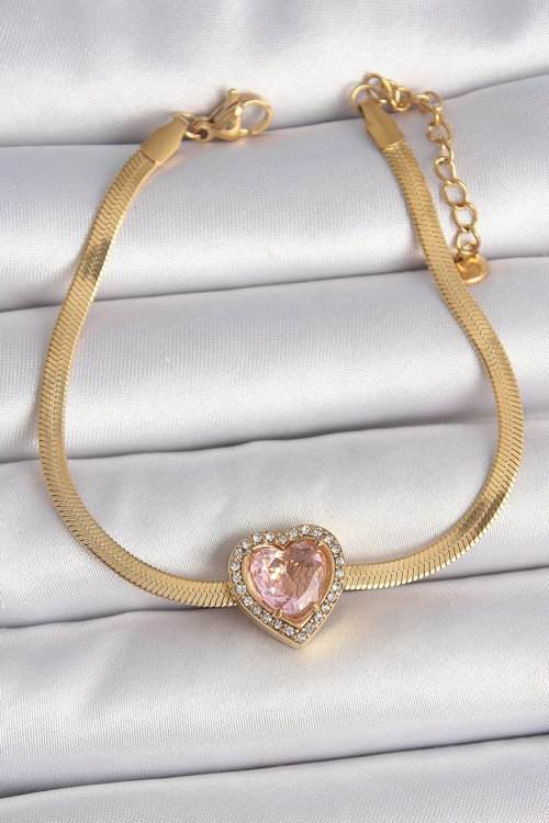 316L Çelik Gold Renk İtalyan Zincir Pembe Zirkon Taşlı Kalp Model Kadın Bileklik - TJ-BB