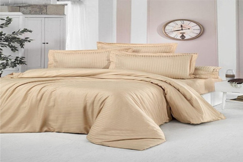 Pamuk Saten Bej Otel Tipi Lastikli Çarşaflı Çift Kişilik Nevresim Takımı