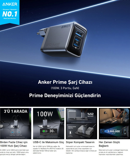 Prime Şarj Cihazı (100W, 3 Portlu, Gan) - Gri - A2688 (Anker Türkiye Garantili)