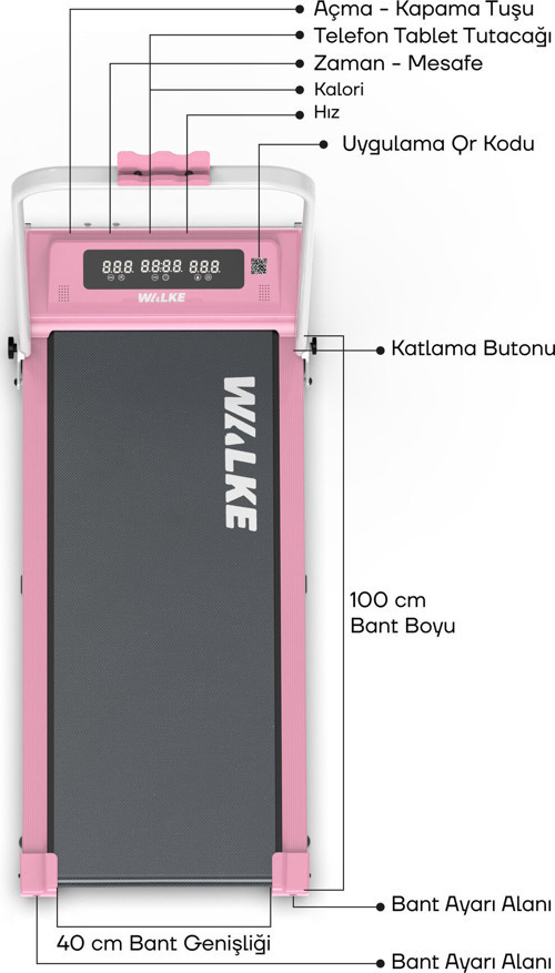 W-fit Pink Bluetoothlu Uygulamalı Uzaktan Kumandalı Koşu Bandı Yürüyüş Bandı Pembe