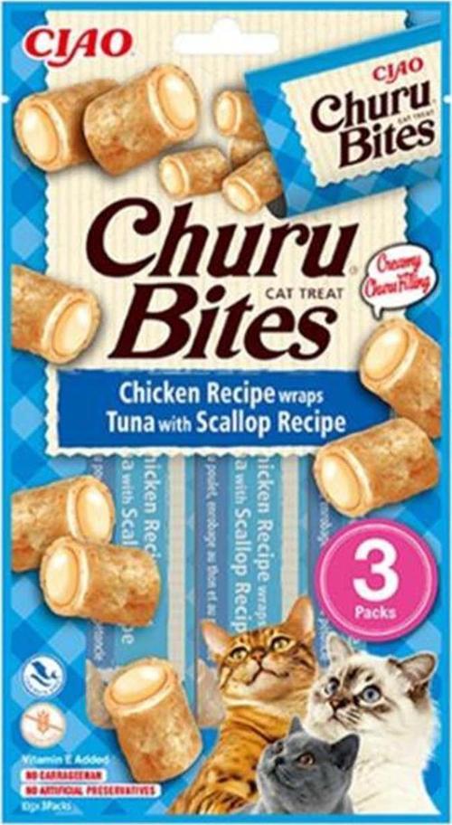 Churu Bites Tavuk Sargılı Deniz Taraklı ve Ton Balıklı Kedi Ödül Kreması 3x10 Gr