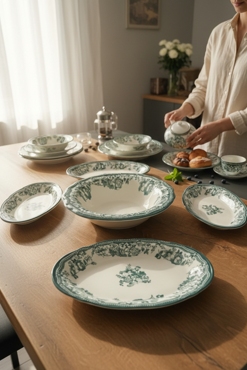 Porselen Vintage Green 5 Parça Salata Kayık Servis Takımı