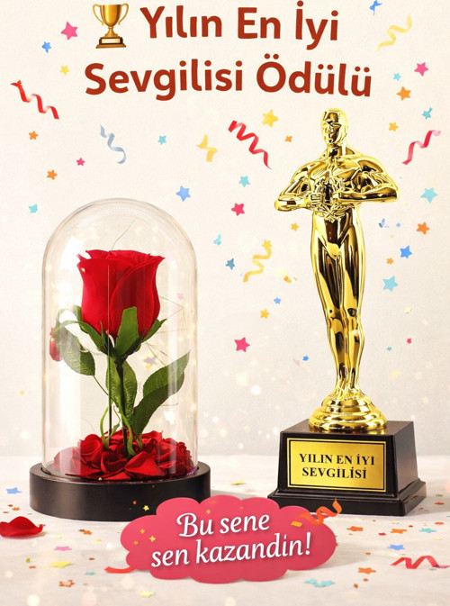 Sevgililer Gününe Romantik Hediye Yılın En İyi Sevgilisi Oscar Biblo ve Işıklı Mika Fanus Gül Seti
