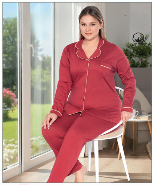 Melodi Kadın Büyük Beden %100 PAMUK Önden Düğmeli Uzun Kol Baharlık Pijama Takımı 17140- 1 Adet