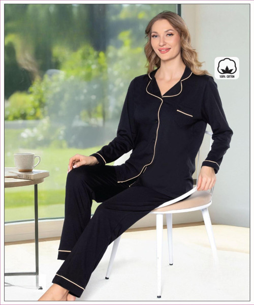 Melodi Kadın %100 PAMUK Önden Düğmeli Uzun Kol Baharlık Pijama Takımı 16219 - 1 Adet