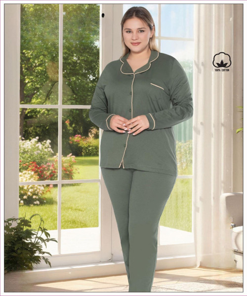 Melodi Kadın Büyük Beden %100 PAMUK Önden Düğmeli Uzun Kol Baharlık Pijama Takımı 17138- 1 Adet