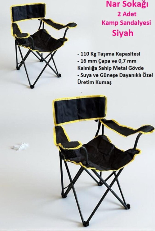 2 Adet Kamp Sandalyesi Piknik, Plaj, Bahçe ve Balkon Sandalyesi Siyah