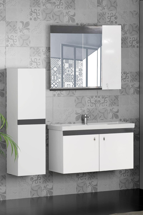 New Bahar 80 Cm Lavabolu Banyo Dolabı Seti,Boy Dolap Hediyeli