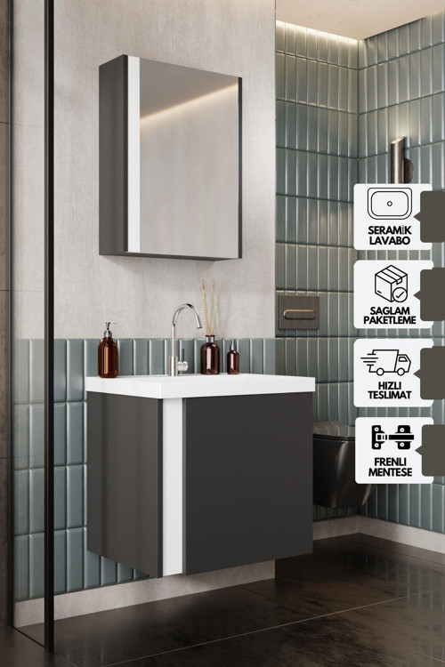 Kemer 60 Cm, Lavabolu, Aynalı, Banyo Dolabı, Mat Antrasit, Lavabo Dahil