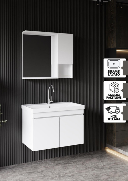 Deniz Banyo Dolabı Seti, 80 Cm Beyaz, Lavabo Dahil, Lavabolu