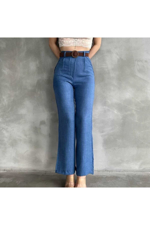 Kemerli Pamuklu Keten Bol Paça Mavi Pantolon 024