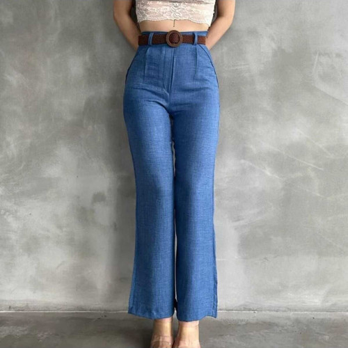 Kemerli Pamuklu Keten Bol Paça Mavi Pantolon 024