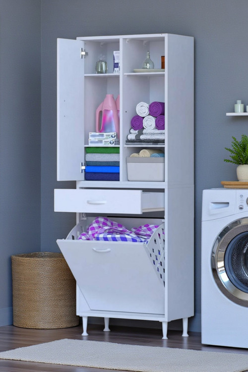 Mira Dolap 6 Bölme Çok Fonksiyonlu Banyo Dolabı 60 cm Beyaz Sepetli Dolap 60x171x32,5 cm Organizer