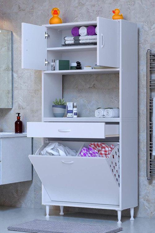Seris Sepetli ve Çekmeceli Banyo Dolabı G:70 cm Çok Amaçlı Beyaz Düzenleyici 70x173x32,5 cm Dolap