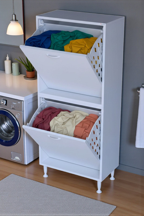 Veluna 60 cm Kirli Çamaşır Sepetli Dolap Banyo Dolabı Beyaz 60x138x32,5 cm 2 Sepetli Dolap