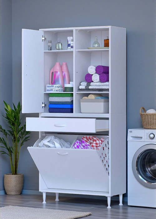 Mira Dolap 6 Bölme Çok Fonksiyonlu Banyo Dolabı 75 cm Beyaz Sepetli Dolap 75x171x32,5 cm Organizer