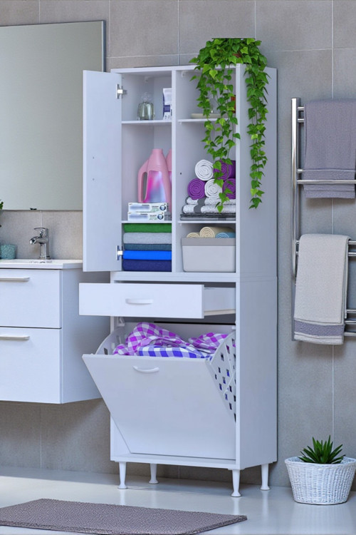 Mira Dolap 6 Bölme Çok Fonksiyonlu Banyo Dolabı 55 cm Beyaz Sepetli Dolap 55x171x32,5 cm Organizer