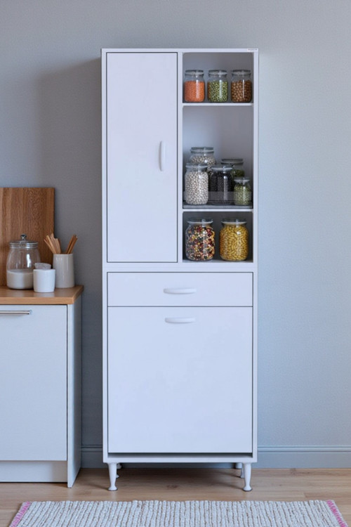 Mira Dolap 6 Bölme Çok Fonksiyonlu Banyo Dolabı 65 cm Beyaz Sepetli Dolap 65x171x32,5 cm Organizer