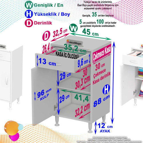 Fre 45 cm Çok Amaçlı Dolap 1 Raflı Tek Çekmeceli Banyo Mutfak Dolabı 45x88x32,5 cm Organizer Dolap