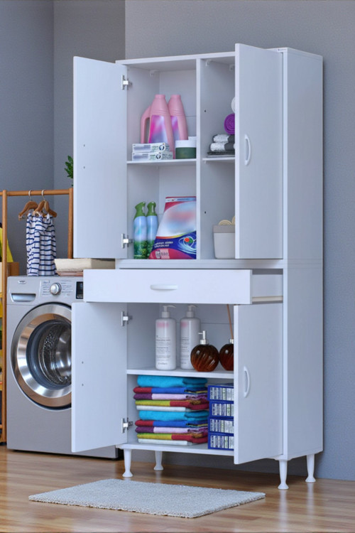 Luma Kapaklı & Çekmeceli Banyo Dolabı 85 cm Genişlikte Beyaz Dolap 85x173x32,5 cm Depolama Dolabı