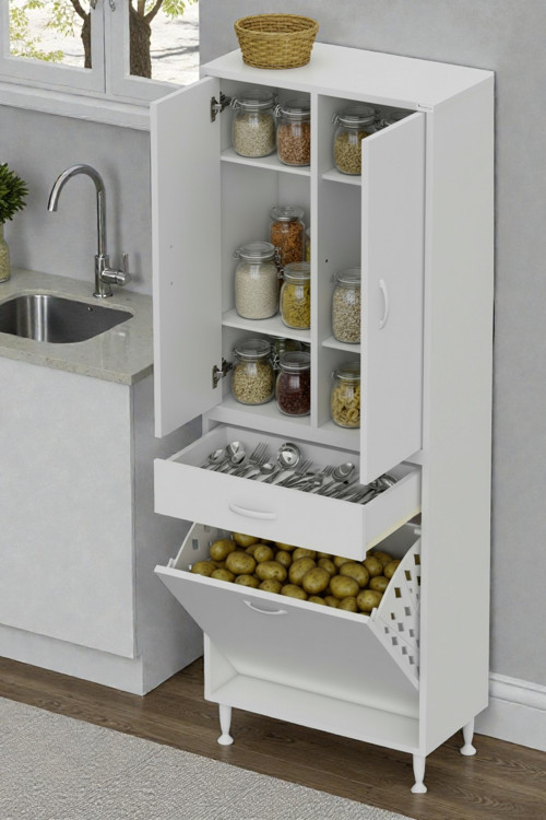 Wall Beyaz Banyo Dolabı 55 cm Tek Göz Bölmeli Sepet 55x171x32,5 cm 4 Raflı Mutfak/Banyo Dolabı