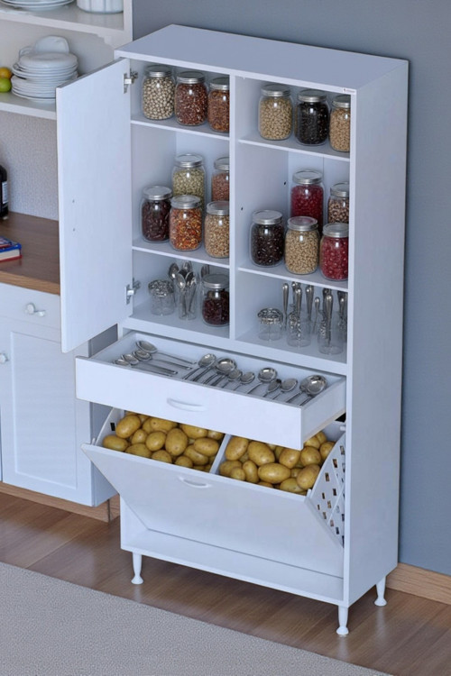 Mira Dolap 6 Bölme Çok Fonksiyonlu Banyo Dolabı 80 cm Beyaz Sepetli Dolap 80x171x32,5 cm Organizer