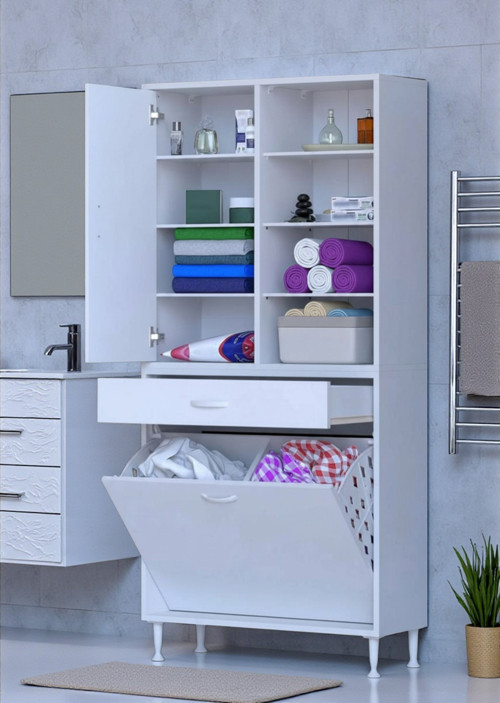 Rule Sepetli Banyo/Mutfak Dolabı 70 cm Genişliğe Sahip 70x171x32,5 cm İki Sepetli Beyaz Dolap