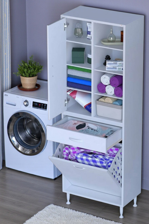 Rule Sepetli Banyo/Mutfak Dolabı 65 cm Genişliğe Sahip 65x171x32,5 cm Bir Sepetli Beyaz Dolap