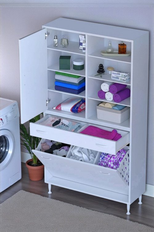 Rule Sepetli Banyo/Mutfak Dolabı 100 cm Genişliğe Sahip 100x171x32,5 cm Üç Sepetli Beyaz Dolap