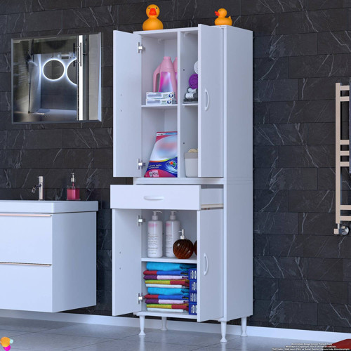Luma Kapaklı & Çekmeceli Banyo Dolabı 65 cm Genişlikte Beyaz Dolap 65x173x32,5 cm Depolama Dolabı