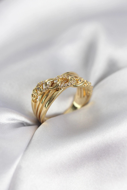 Gold Renk Zirkon Taşlı Zincir Model Kadın Yüzük