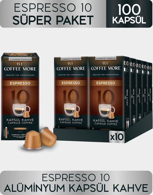 Coffee More 10 Espresso Kapsül Kahve 10 x 10 Paket ( 100 Adet ) Nespresso Uyumlu