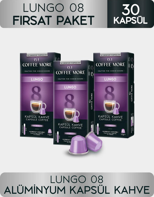 Coffee More 8 Lungo Kapsül Kahve 10 x 3 Paket ( 30 Adet ) Nespresso Uyumlu