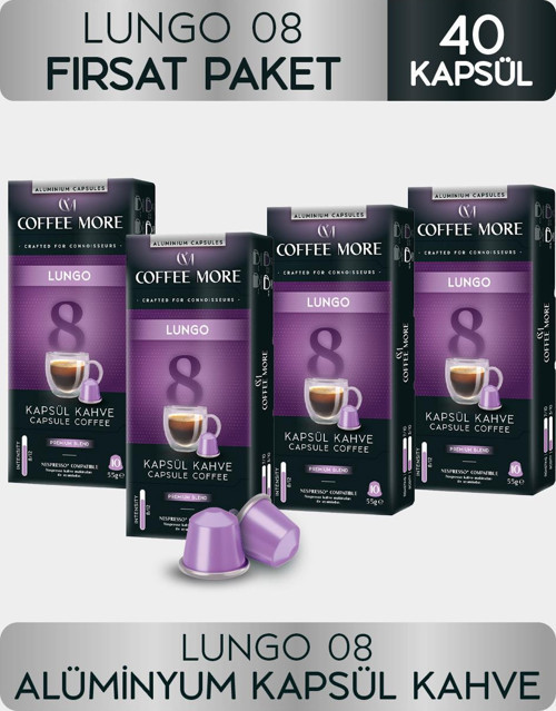 Coffee More 8 Lungo Kapsül Kahve 10 x 4 Paket ( 40 Adet ) Nespresso Uyumlu