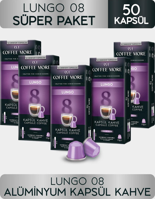 Coffee More 8 Lungo Kapsül Kahve 10 x 5 Paket ( 50 Adet ) Nespresso Uyumlu