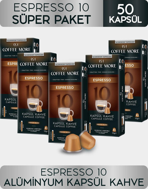 Coffee More 10 Espresso Kapsül Kahve 10 x 5 Paket ( 50 Adet ) Nespresso Uyumlu