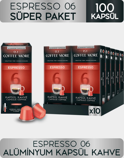 Coffee More 6 Espresso Kapsül Kahve 10 x 10 Paket ( 100 Adet ) Nespresso Uyumlu